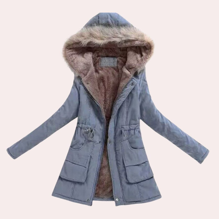 Rosalind fur trim hooded parka in light blue, front view open
