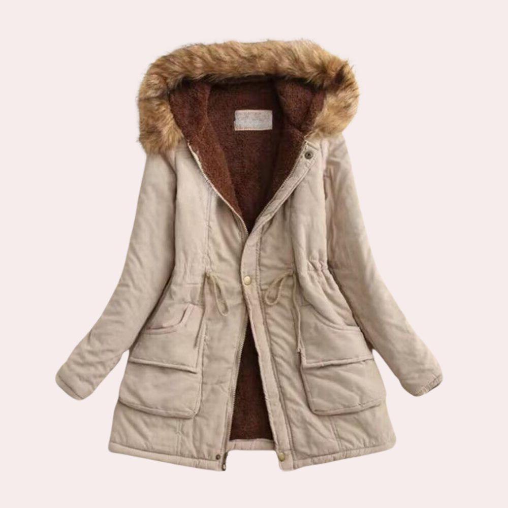 Rosalind fur trim hooded parka in light blue, front view open