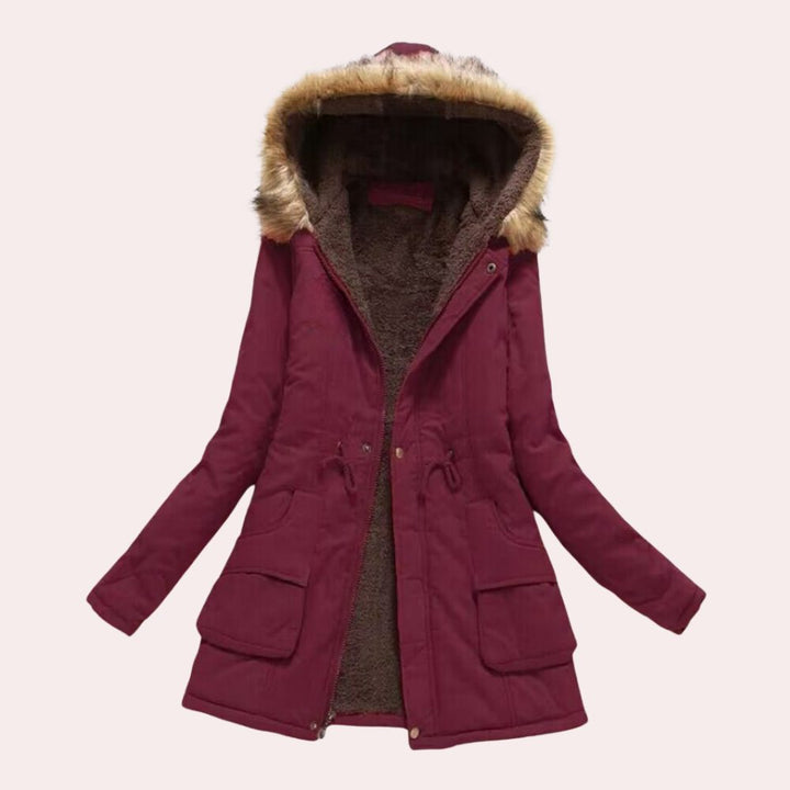 Rosalind fur trim hooded parka in light blue, front view open