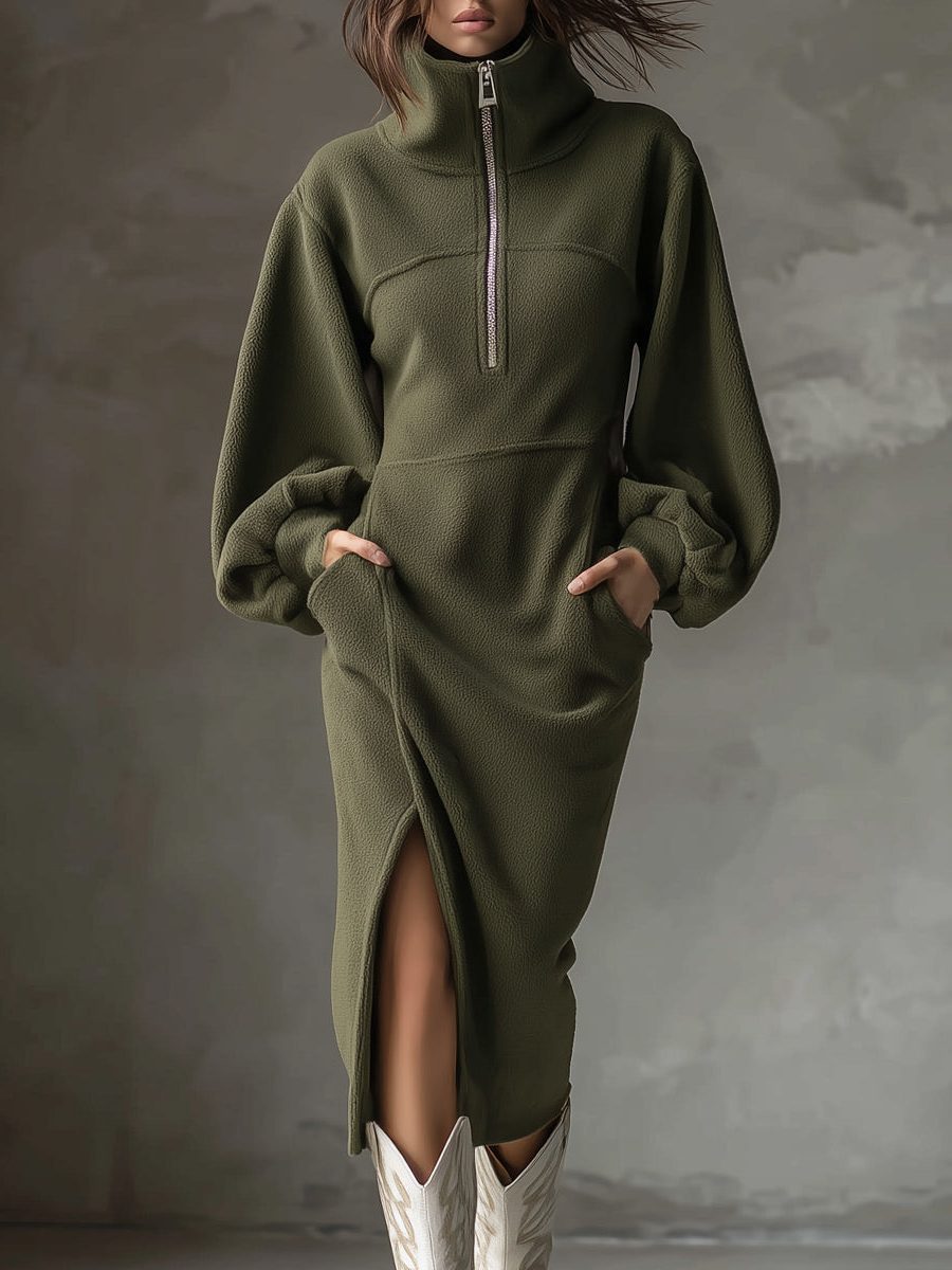 Marigold half-zip lantern sleeve sweater dress, front view close-up