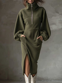 Women's Half-Zip Lantern Sleeve Midi Sweater Dress | Marigold