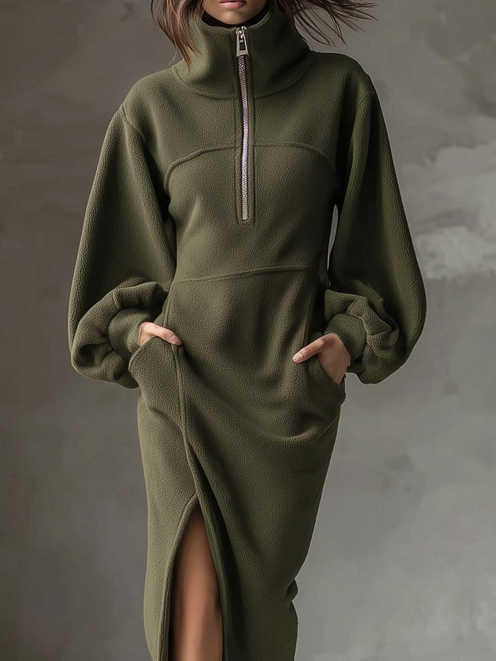 Marigold midi sweater dress with turtleneck and side pockets, front view