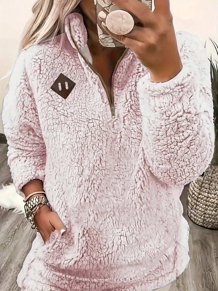 Marigold half zip pullover sweater in dusty pink, front view close-up