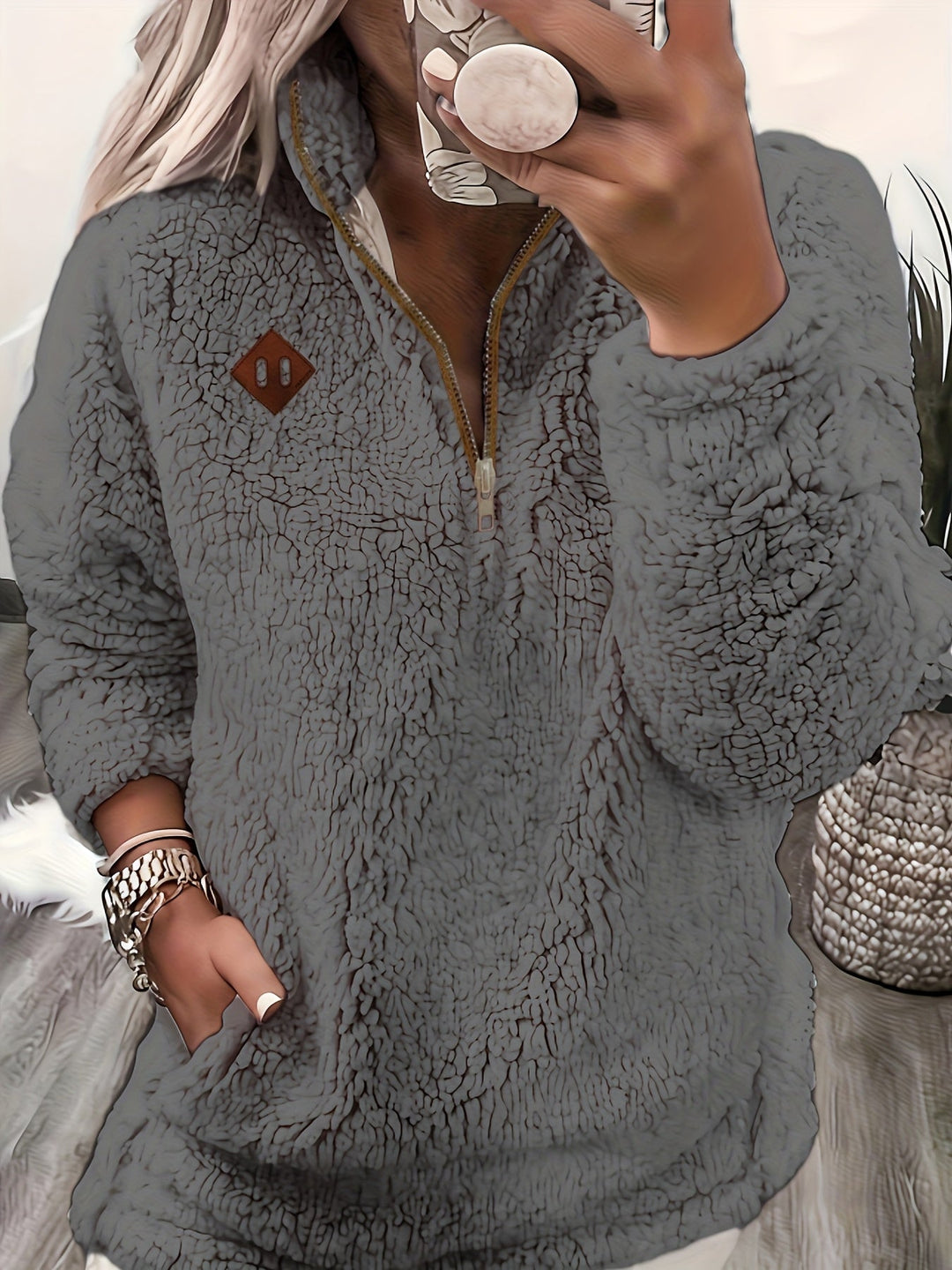 Marigold half zip pullover sweater in grey, front view close-up