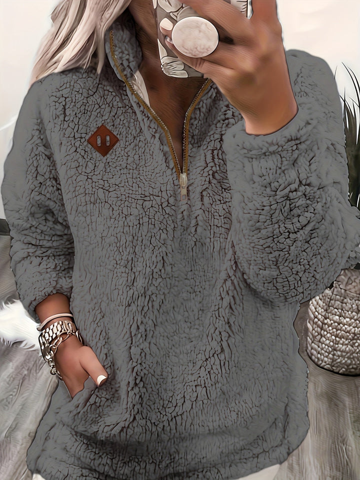 Marigold half zip pullover sweater in grey, front view close-up