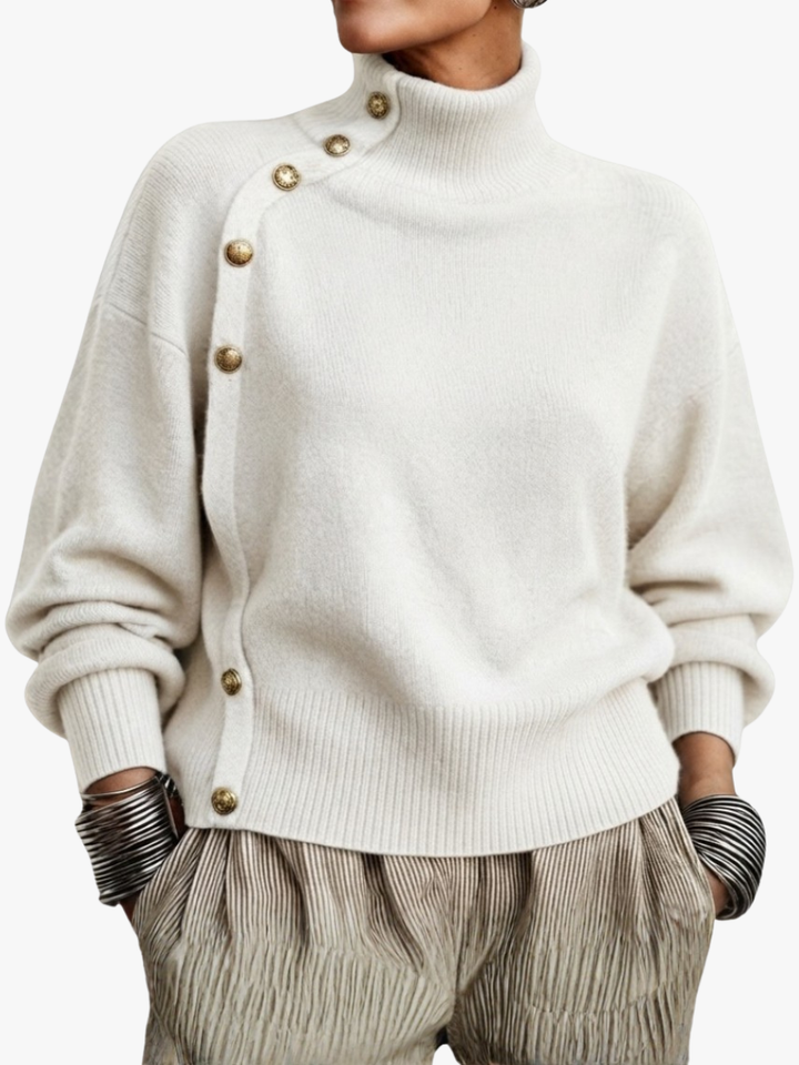 Thea high neck button detail sweater in white, close-up front view