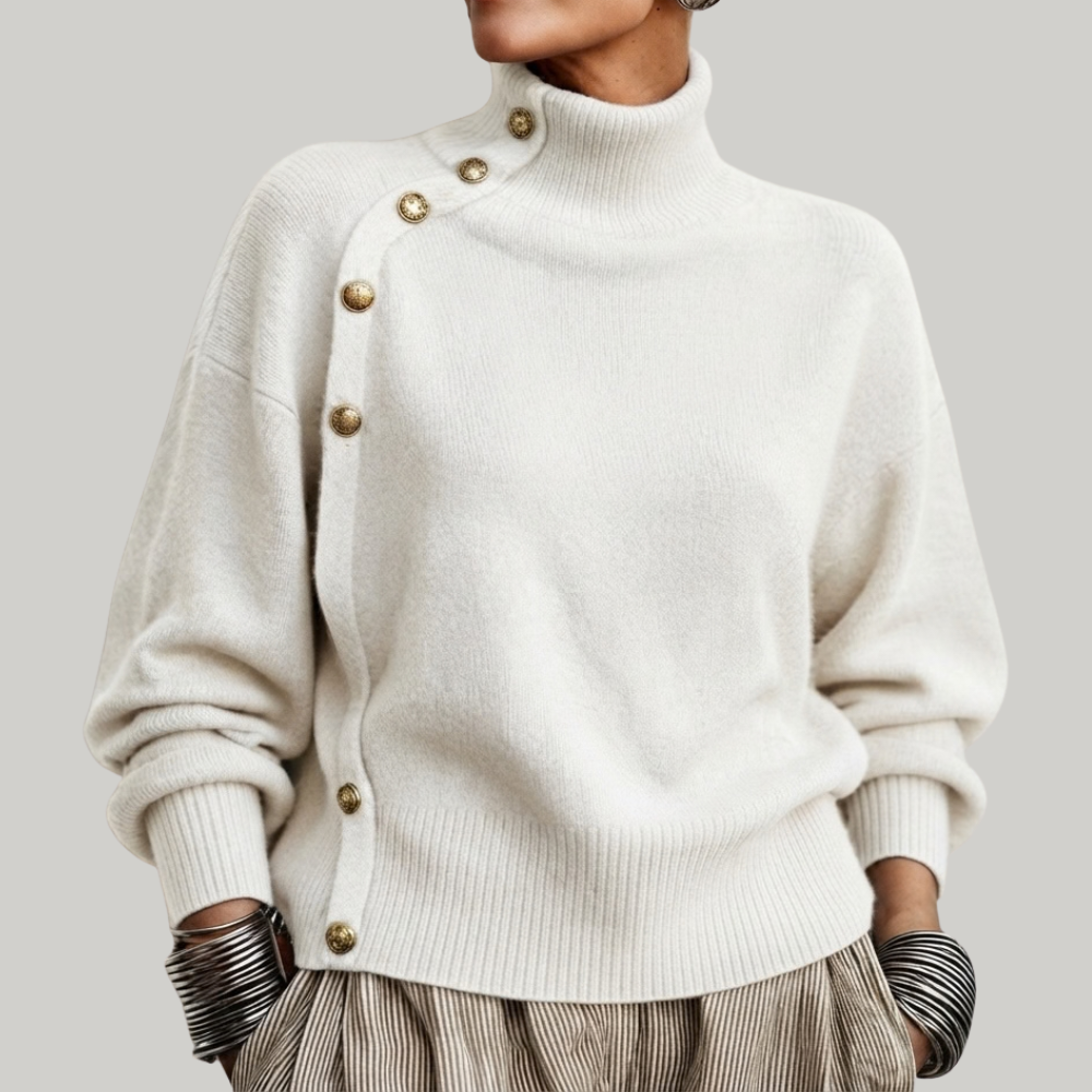 Thea high neck button detail sweater in white, front view
