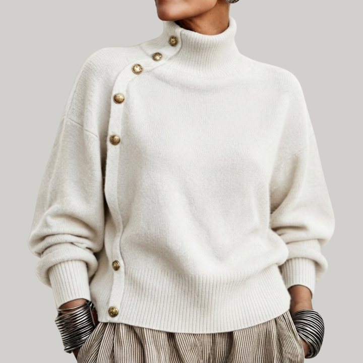 Thea high neck button detail sweater in white, front view