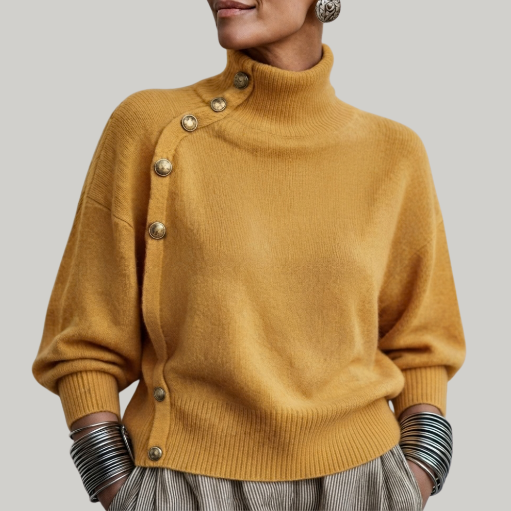 Thea high neck button detail sweater in yellow, front view