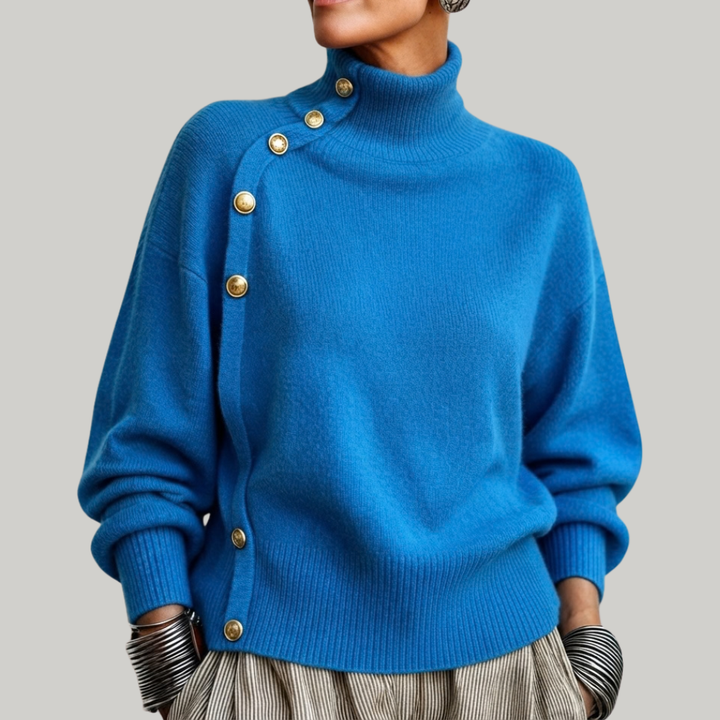 Thea high neck button detail sweater in blue, front view