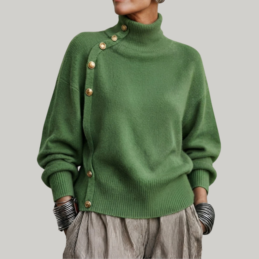 Thea high neck button detail sweater in blue, front view