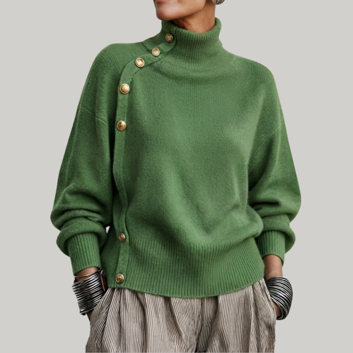 Thea high neck button detail sweater in blue, front view