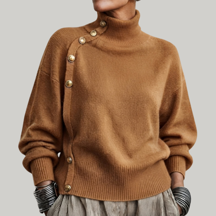 Thea high neck button detail sweater in blue, front view