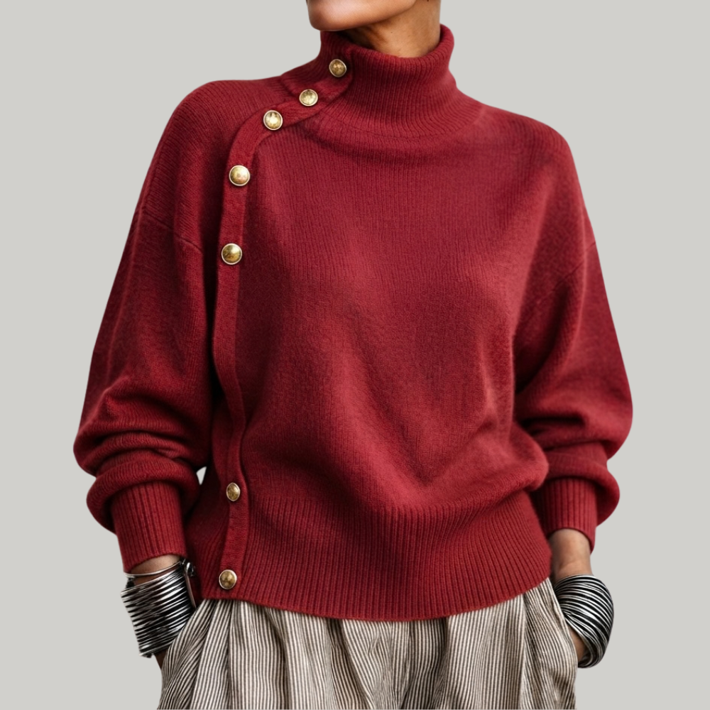 Thea high neck button detail sweater in blue, front view