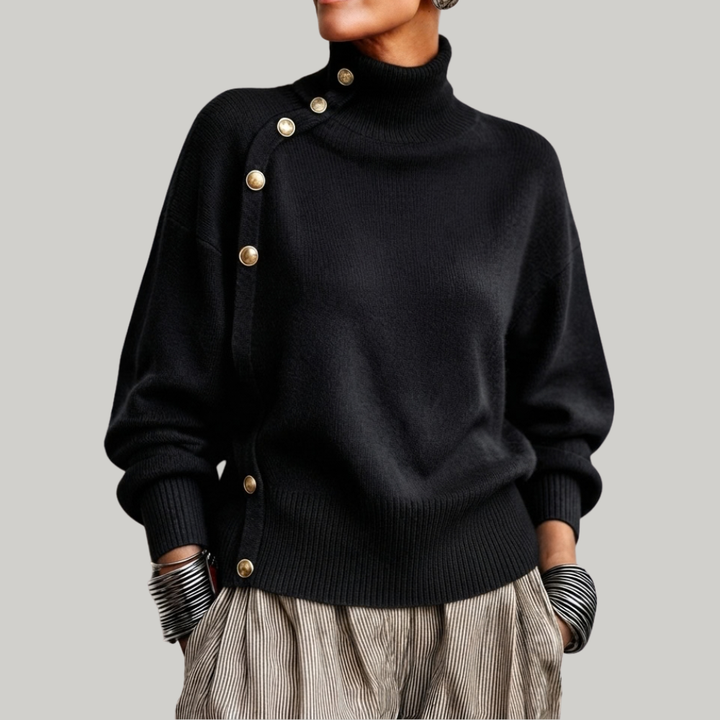 Thea high neck button detail sweater in blue, front view