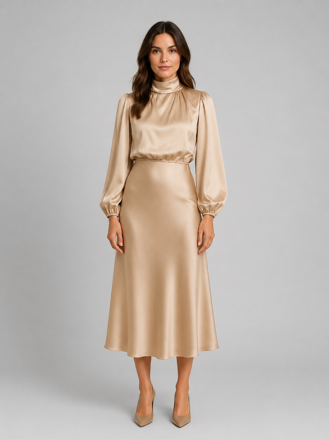 Marisabel high neck long sleeve midi dress, front view