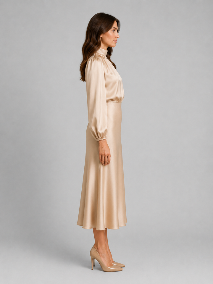 Marisabel high neck long sleeve midi dress, side view