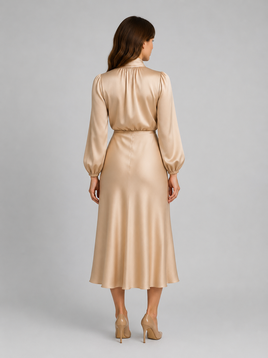 Marisabel high neck long sleeve midi dress, back view