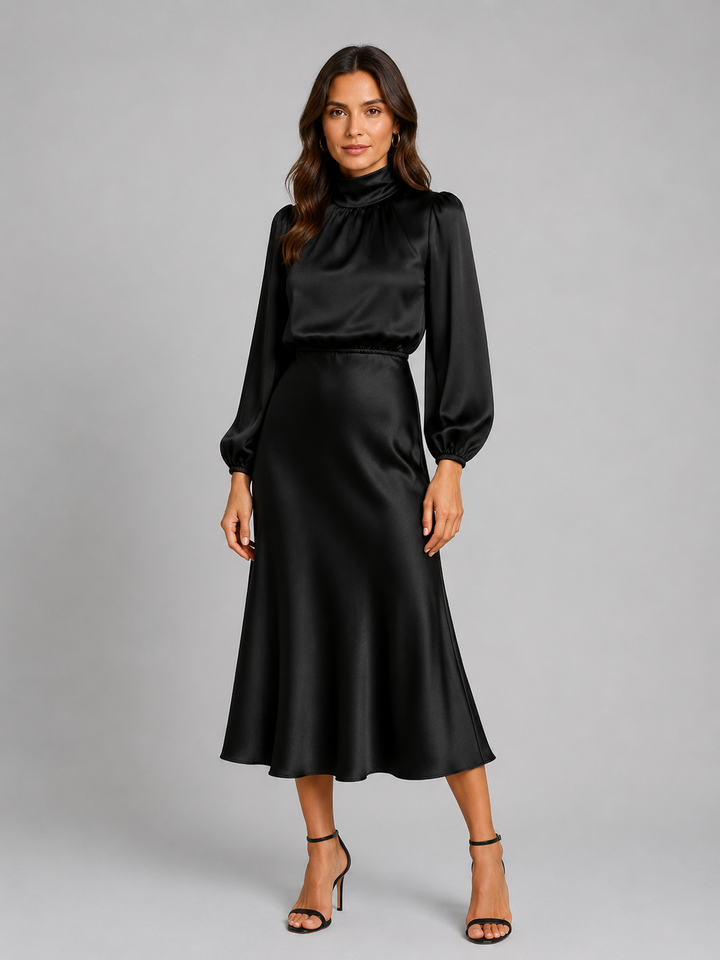 Marisabel high neck long sleeve midi dress in black, front view