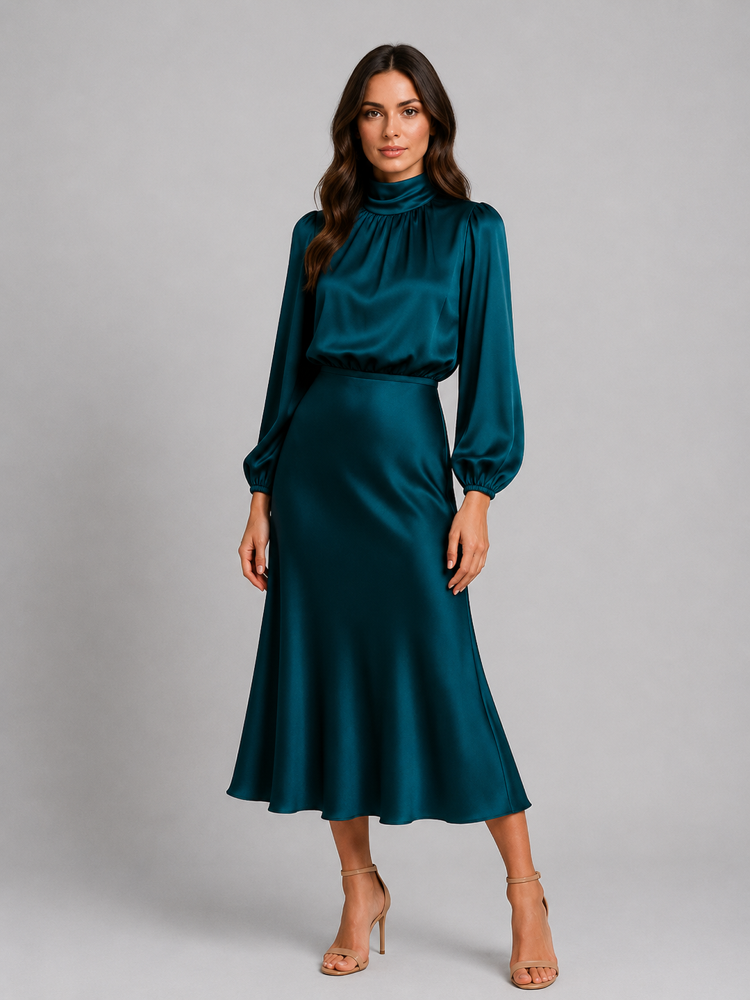Marisabel high neck long sleeve midi dress in black, front view