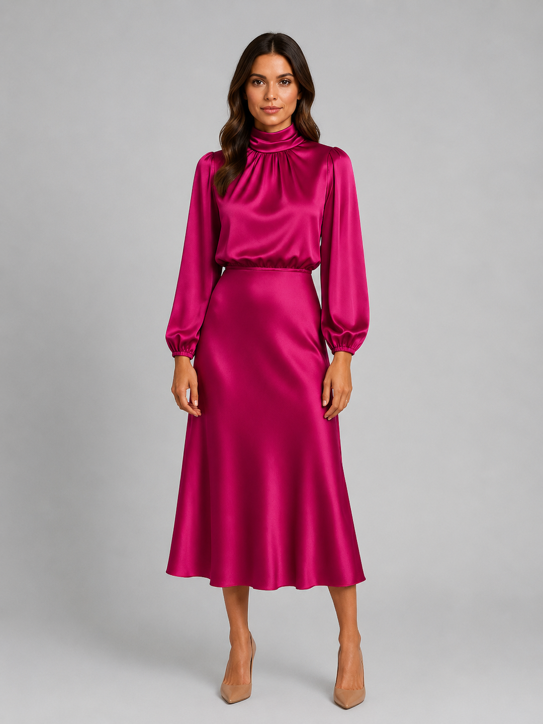 Marisabel high neck long sleeve midi dress in black, front view