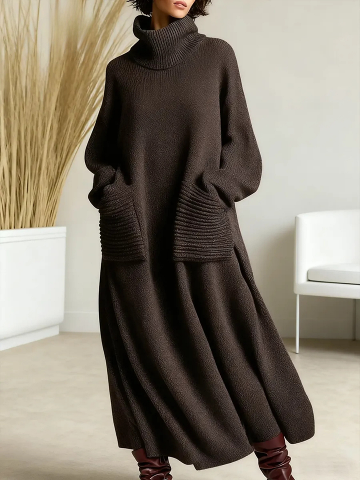 Marianne high neck sweater dress in brown, front view with side pockets