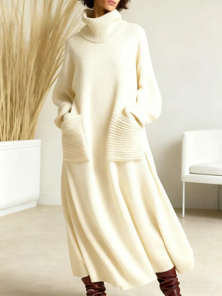 Marianne high neck sweater dress in cream, front view