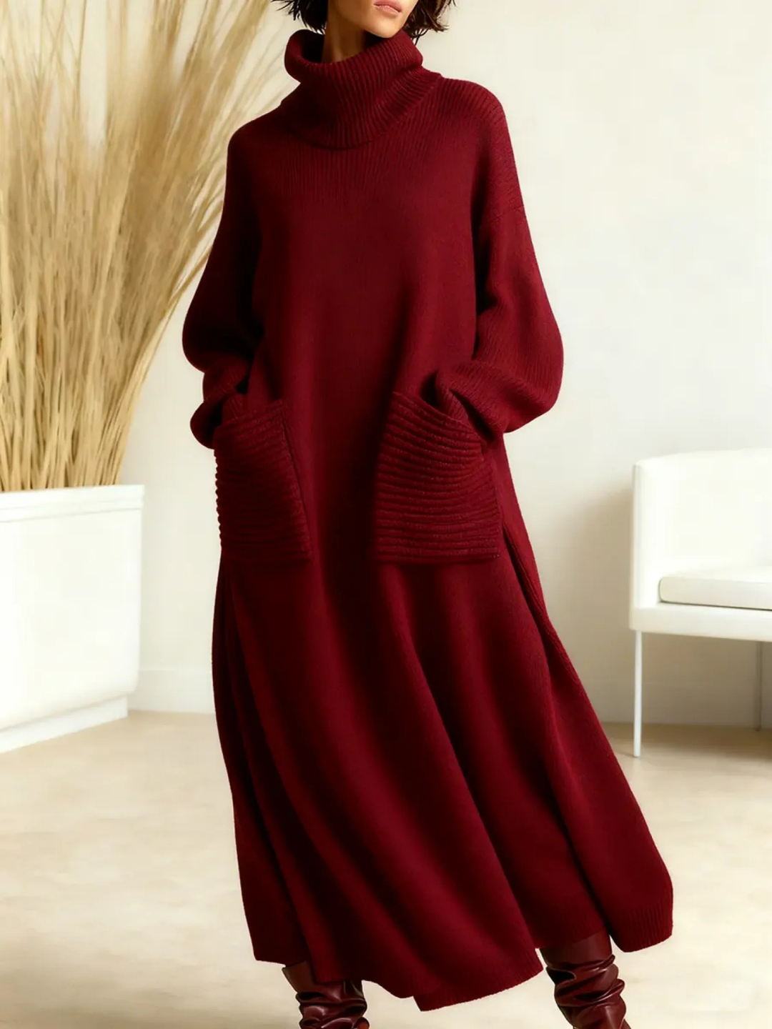 Marianne high neck sweater dress in burgundy, front view