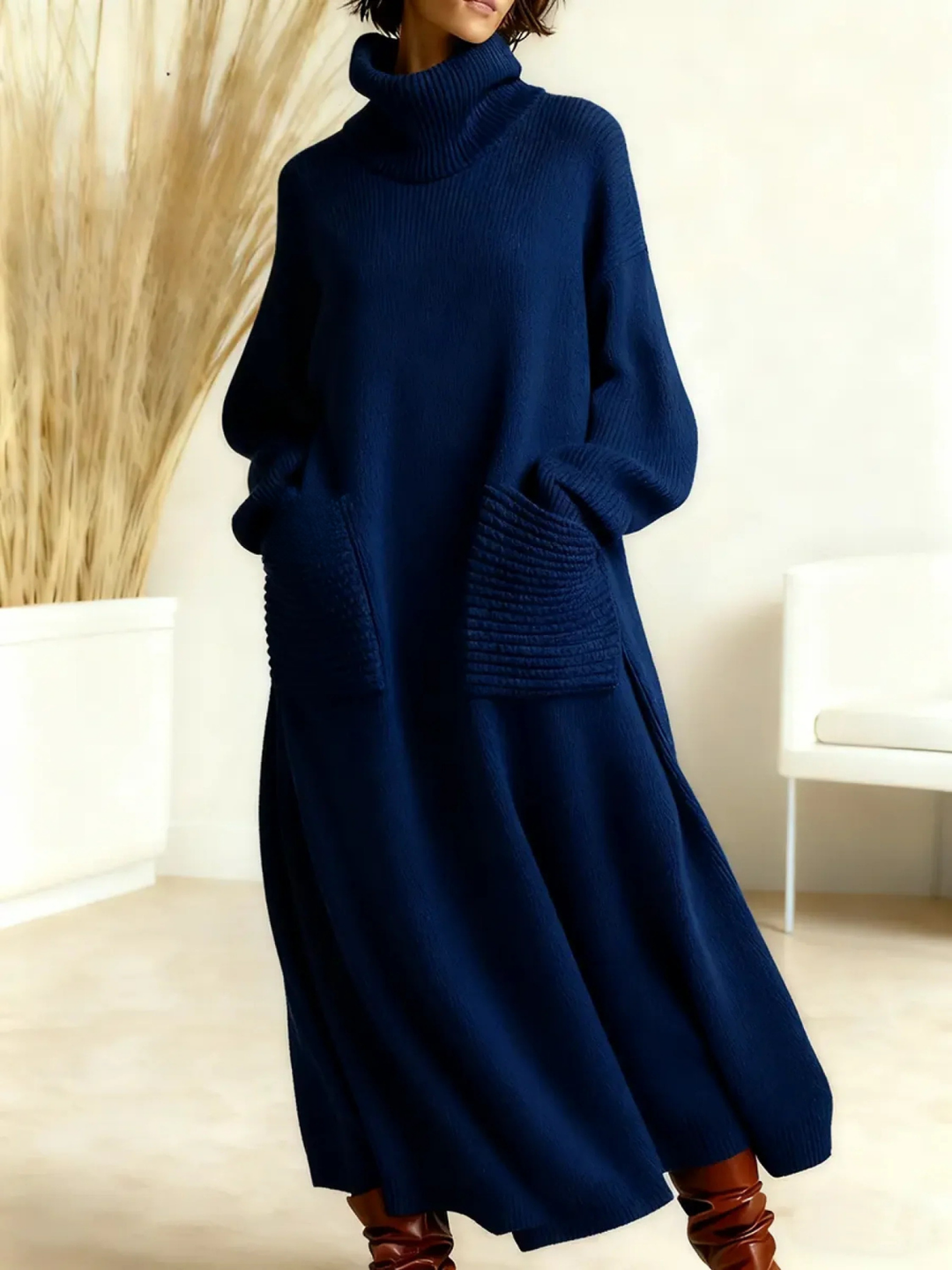 Marianne high neck sweater dress in navy blue, front view