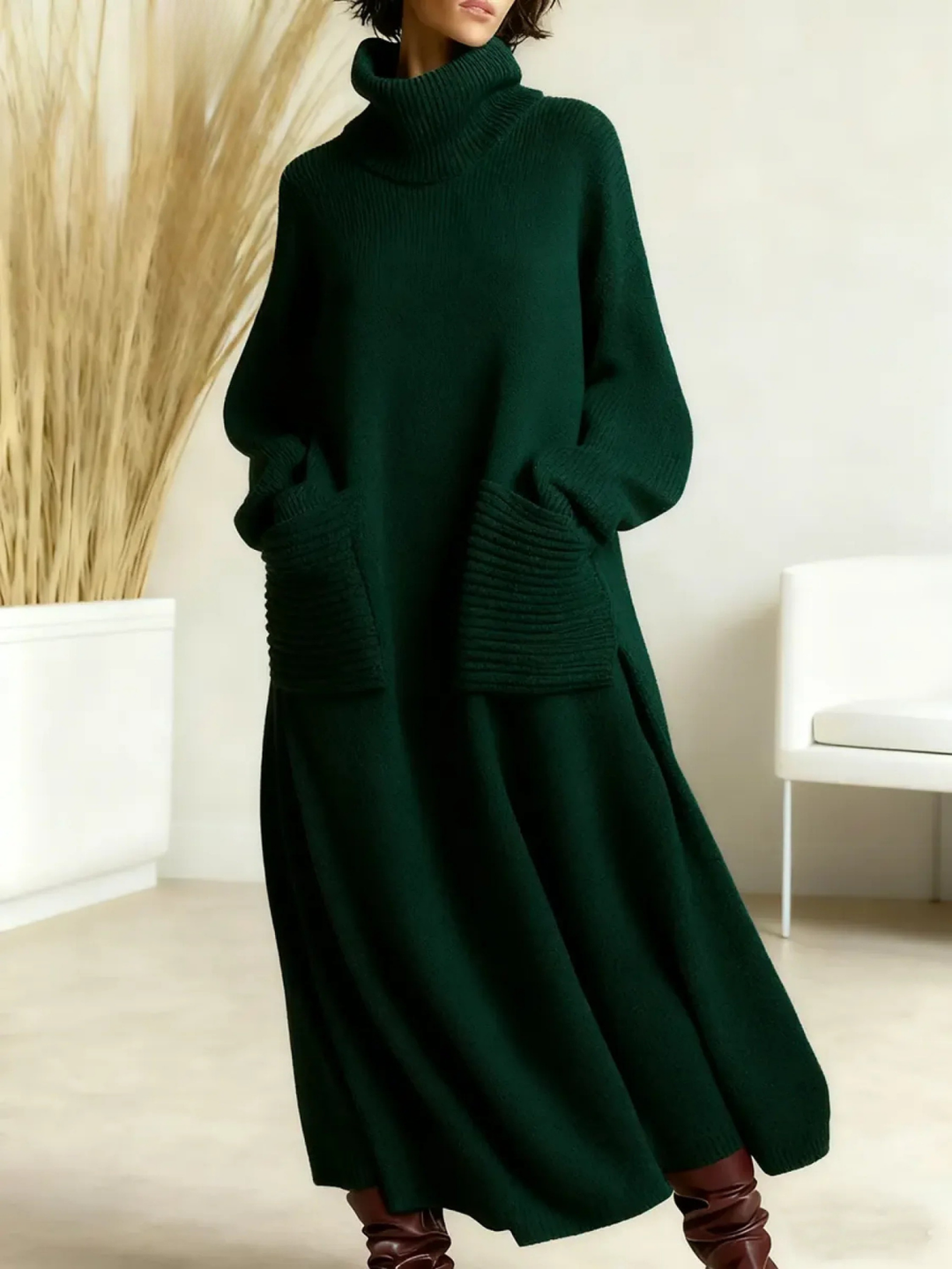 Marianne high neck sweater dress in navy blue, front view