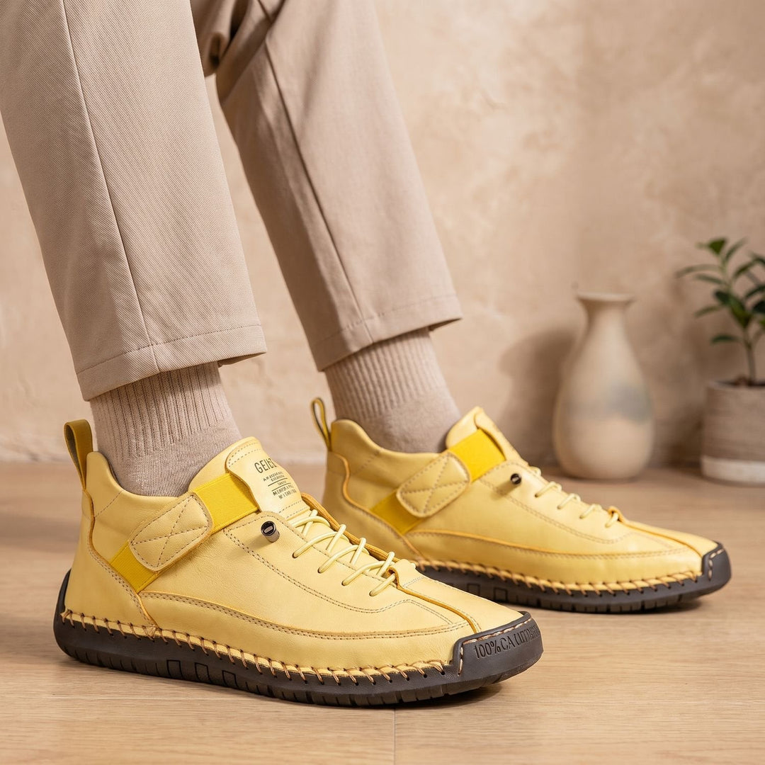 Rosalind high-top lace-up sneakers in yellow, side view on model