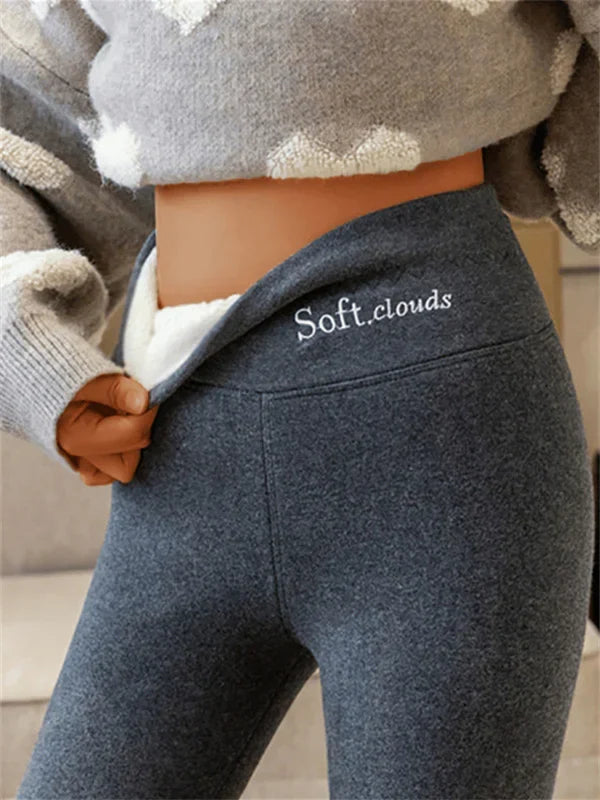 Teodora fleece lined high waist leggings in charcoal, close-up of waistband detail