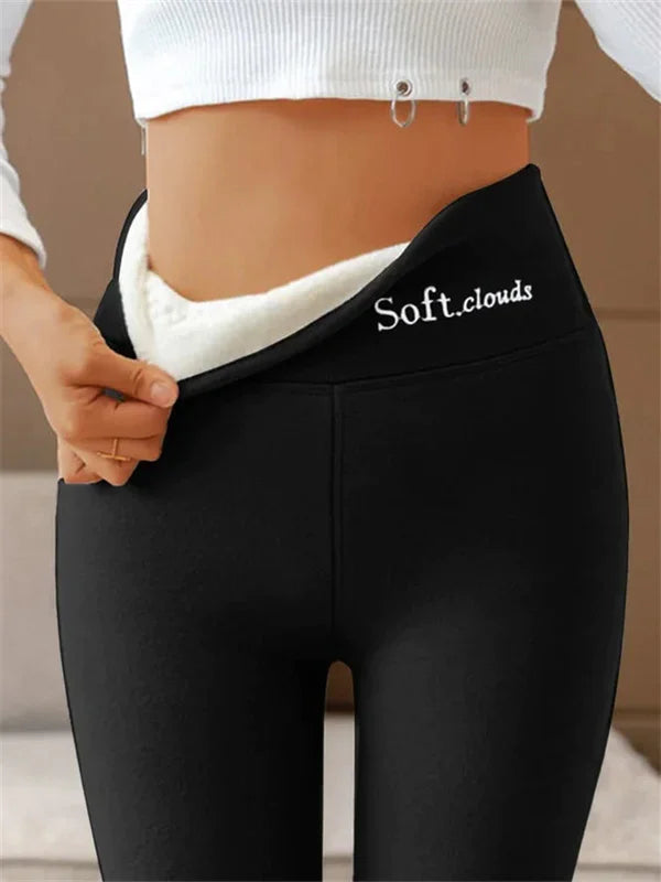 Teodora fleece lined high waist leggings in black, close-up showing soft inner lining