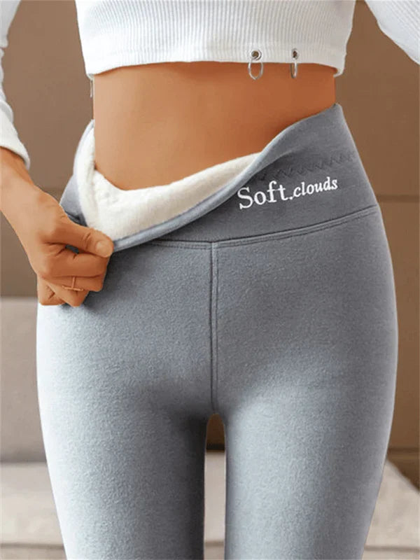 Teodora fleece lined high waist leggings in grey, close-up of waistband and fit