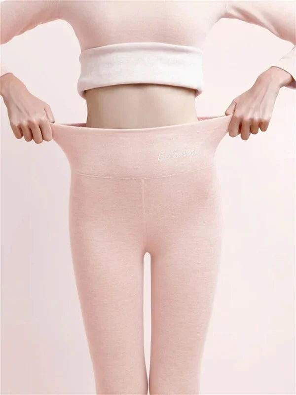 Teodora fleece lined high waist leggings in pink, front view showing stretch waistband