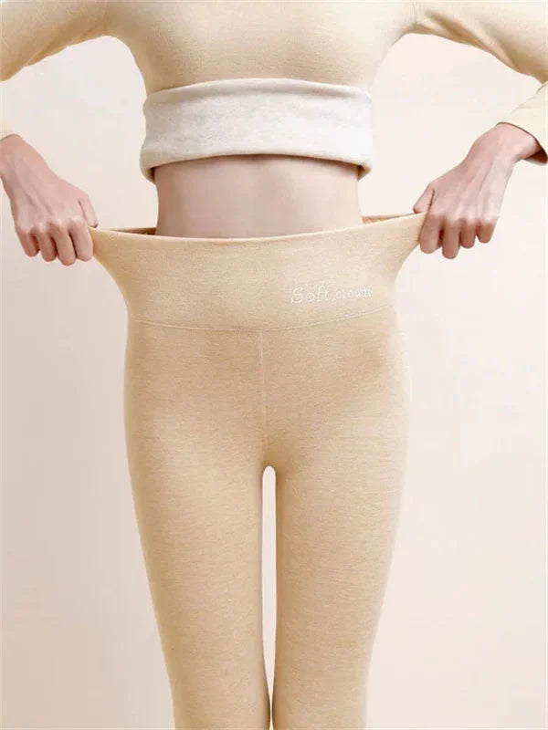 Teodora fleece lined high waist leggings in pink, front view showing stretch waistband