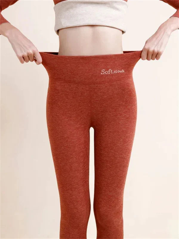 Teodora fleece lined high waist leggings in pink, front view showing stretch waistband