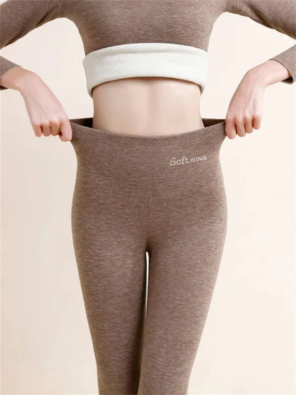 Teodora fleece lined high waist leggings in pink, front view showing stretch waistband