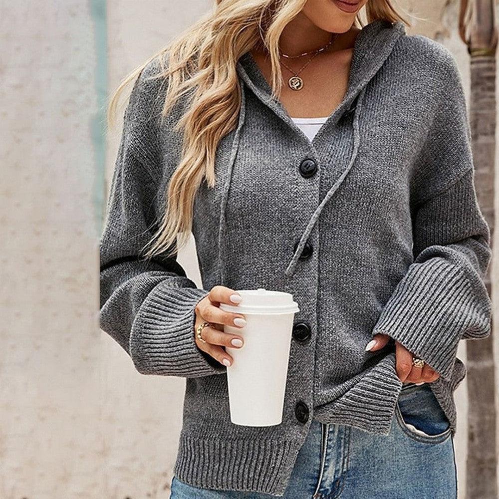 Harriet hooded button front cardigan, close-up front view with drawstring hood and buttons