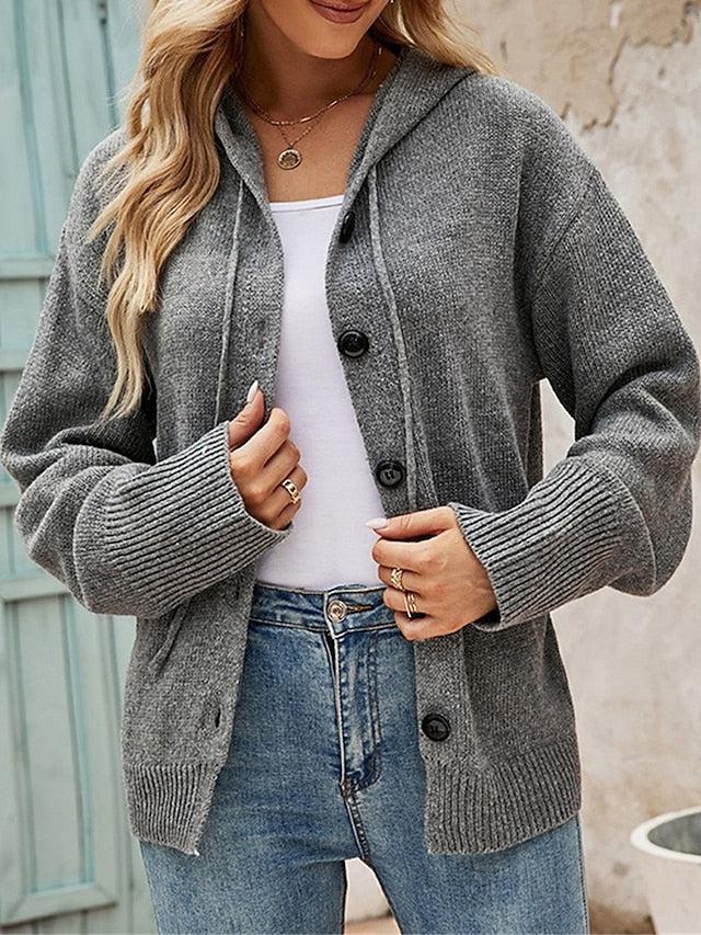 Harriet grey hooded cardigan, front view on model