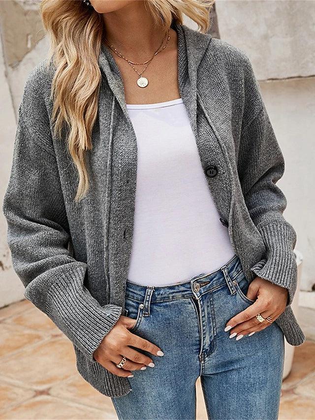 Harriet hooded cardigan, side angle view showing ribbed cuffs