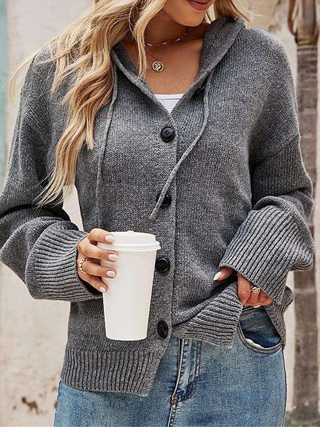 Harriet hooded cardigan, back view showing hood and relaxed fit