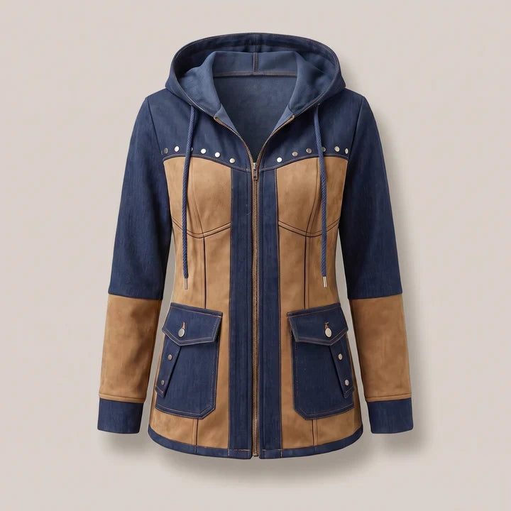 Odette hooded denim jacket on mannequin, front view