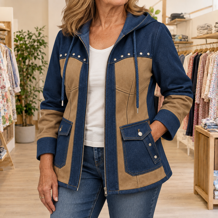 Odette hooded denim jacket close-up front detail with hood and pockets