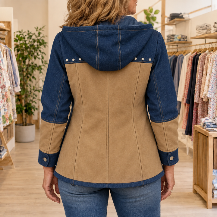 Odette hooded denim jacket back view showing contrast paneling