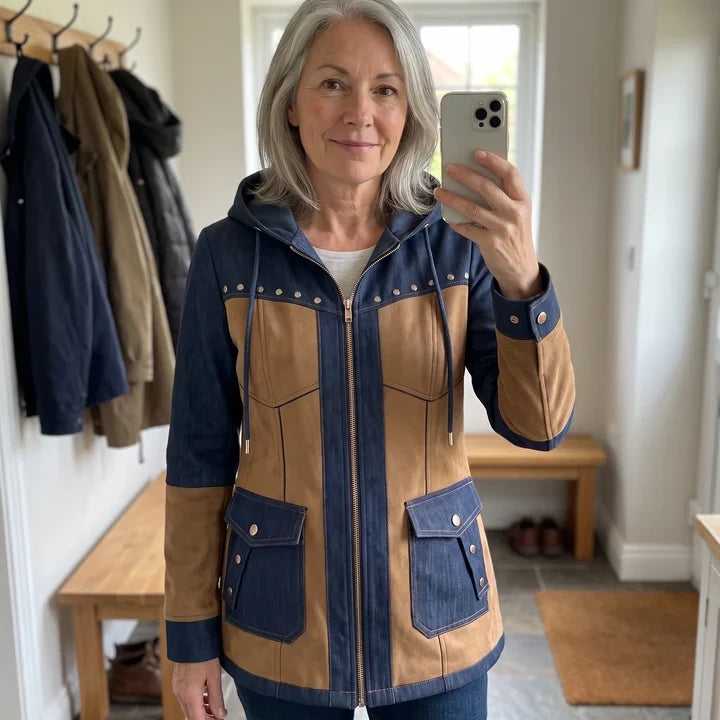 Odette hooded denim jacket back view showing contrast paneling