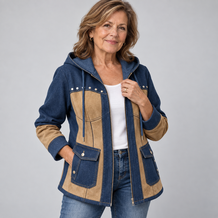 Odette hooded denim jacket back view showing contrast paneling