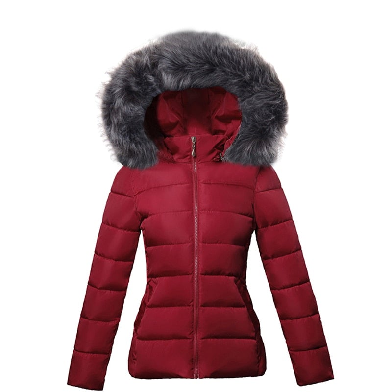 Rosalie faux fur hooded winter jacket in red, front view