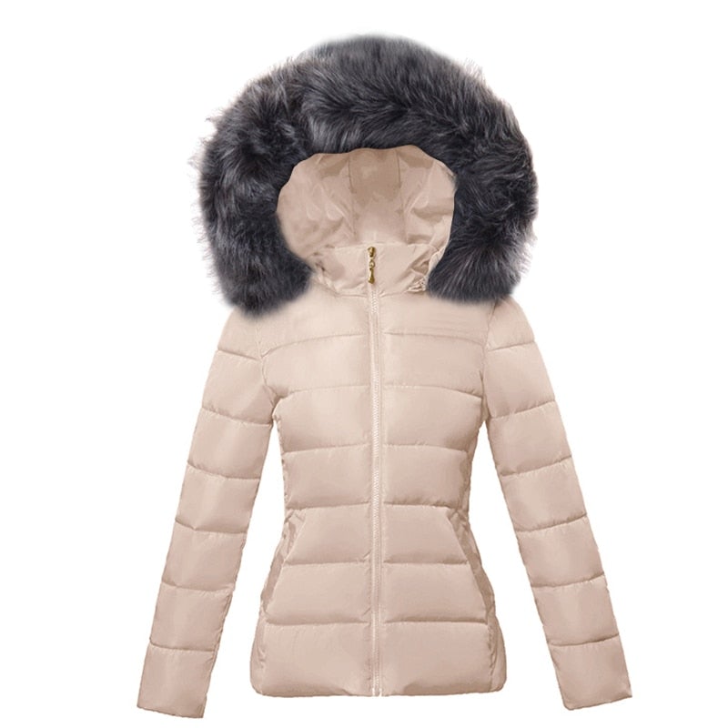 Rosalie faux fur hooded winter jacket in beige, front view
