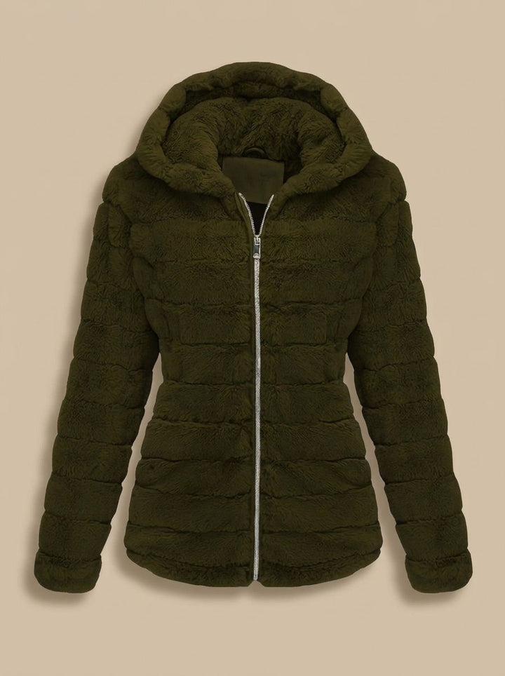 Rosalie hooded faux fur jacket in beige, back view showing hood detail